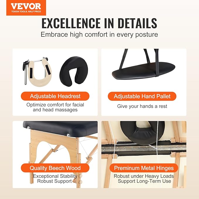 VEVOR Professional Wide Massage Table 30" W, Heavy Duty Folding Massage Table, 750LBS, 8-Level Height Adjustable Facial Salon Tattoo Bed, Portable Spa Table with Headrest, Hand Pallet & Carrying Bag
