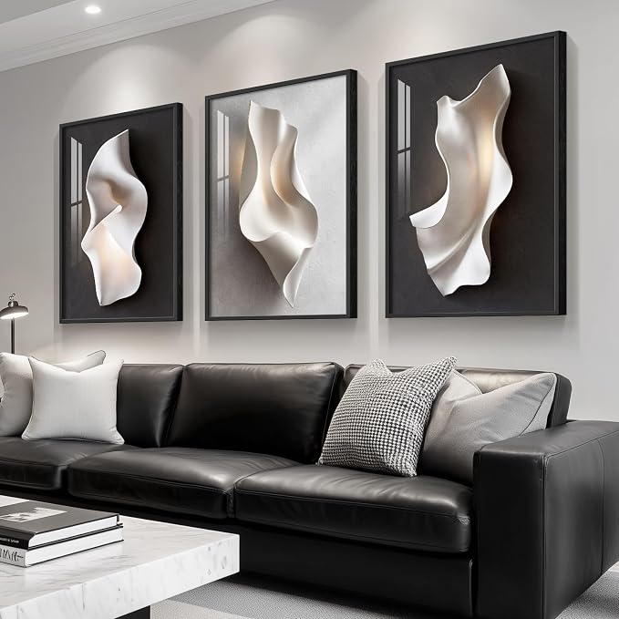 Framed Abstract Black and White Wall Art for Living Room, Large 3 Piece Modern Bright Style Artworks for Wall, Luxury Minimalist Painting Prints for Dining Room Hallway Office Wall Decor, 24x36 Inch