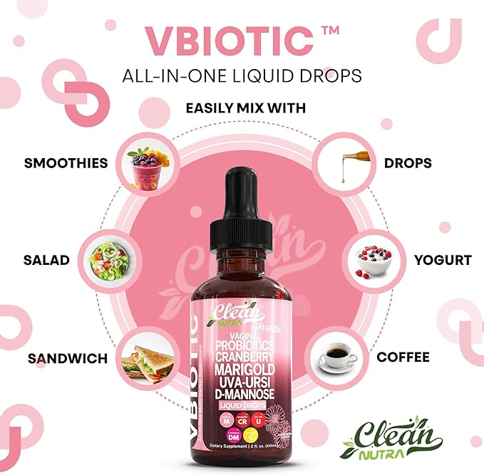 VBiotic Vaginal Probiotic for Women Liquid Drops | Womens Probiotics | Cranberry Uva Ursi Horsetail D-Mannose Prebiotics Marigold & Black Cohosh Vaginal Health Supplement | pH Balance | By Clean Nutra