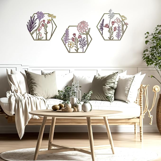Peryiter 3 Pcs Metal Flower Wall Decor Minimalist Floral Wall Hanging Decor Floral Metal Rustic Flower Art for Summer Living Room Bathroom Kitchen Indoor Outdoor(Colorful)