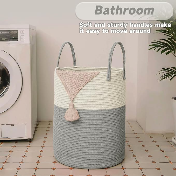 JMvicyroam 100L Cotton Rope Laundry Basket Hamper, White and Grey | Collapsible laundry basket, reinforced handles, freestanding, machine washable, holds 3-5 thick blankets, clothes or toys
