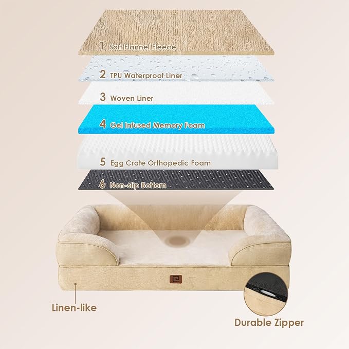 EHEYCIGA Orthopedic Dog Bed Medium Size Dog, Waterproof Washable Pet Beds | Non-Slip Bottom and Egg-Crate Memory Foam Dog Couch Bed with Washable Removable Cover, Greige