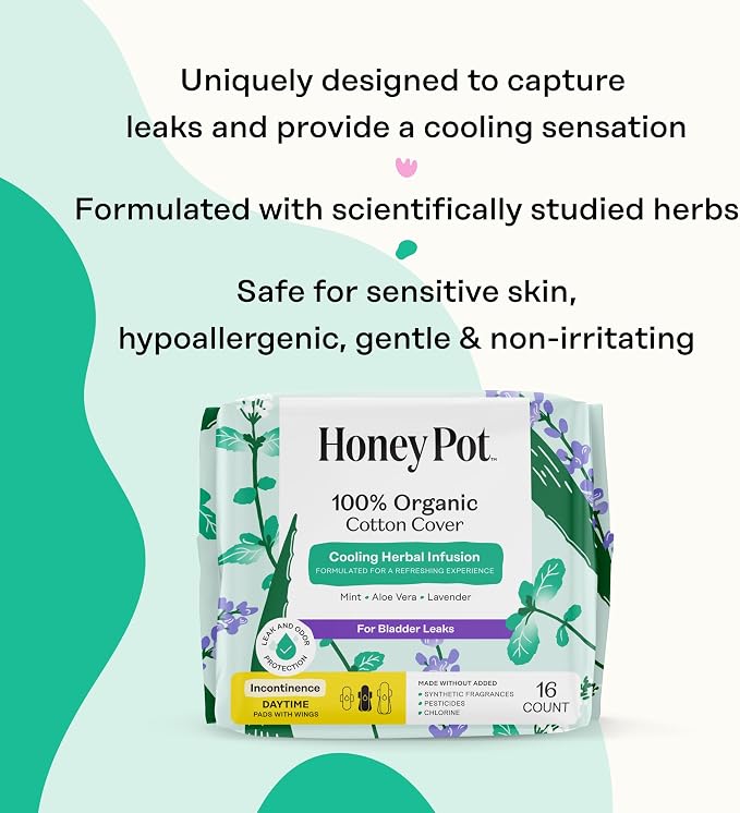 The Honey Pot Company - Herbal Pads for Women - Organic Incontinence Daytime w/Wings. Infused w/Essential Oils for Cooling Effect & Postpartum Essentials - Feminine Care - 16ct.