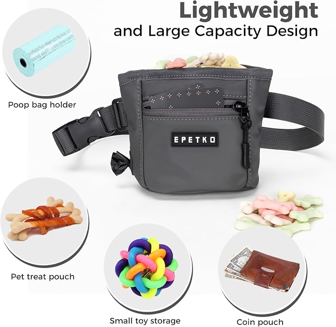 Dog Treat Pouch, Powerful Magnet Closure Device Dog Training Treat Bag Large Capacity Pet Treat Pouch with Poop Bag Dispenser Treat Bag for Dog Training with Metal Waistband Clip (Deep Gray)