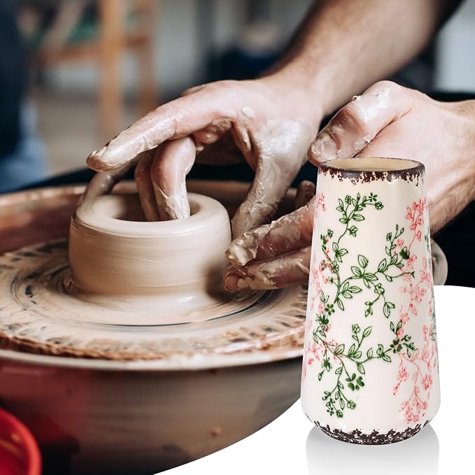 Ceramic Vase, GUKJOB Small Cute Flower Vase for Pampas Grass, Home, Living Room, Dining Table, Farmhouse, Office Decor, Bedroom, Table, and Kitchen Shelf (Green & Pink-A)