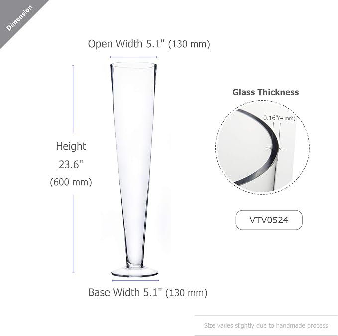 WGV Trumpet Glass Vase, Open 5", Height 23.5", (Multiple Sizes Choices) Clear Tall Pilsner Floral Planter Container Centerpiece, Wedding Event Home Decor, 1 Piece (VTV0524)