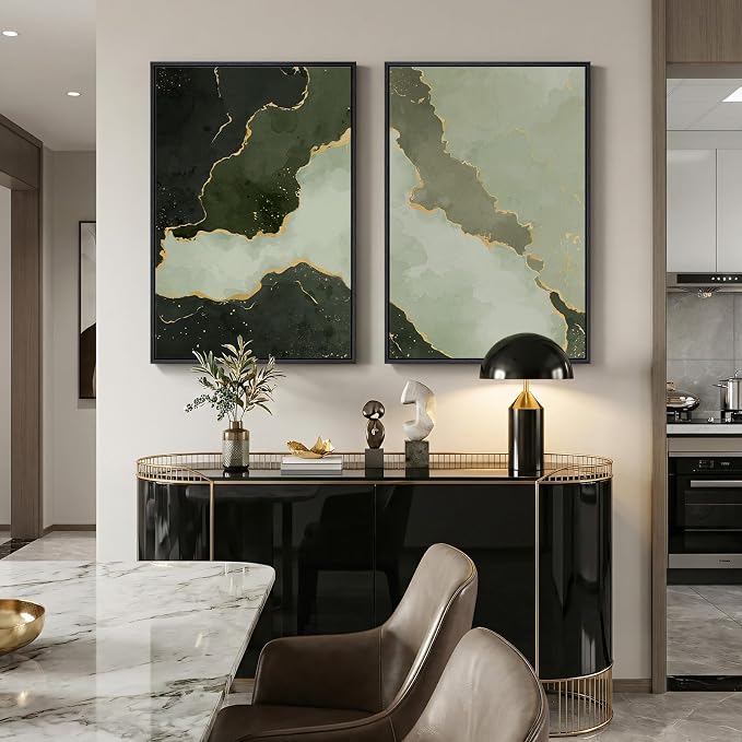 Large Framed Green Abstract Wall Art Set of 2, Modern Canvas Prints Paintings for Walls, Minimalist Sage Green and Gold Abstract Pictures for Living Room Dining Bedroom Hallway Wall Decor 24x36 In