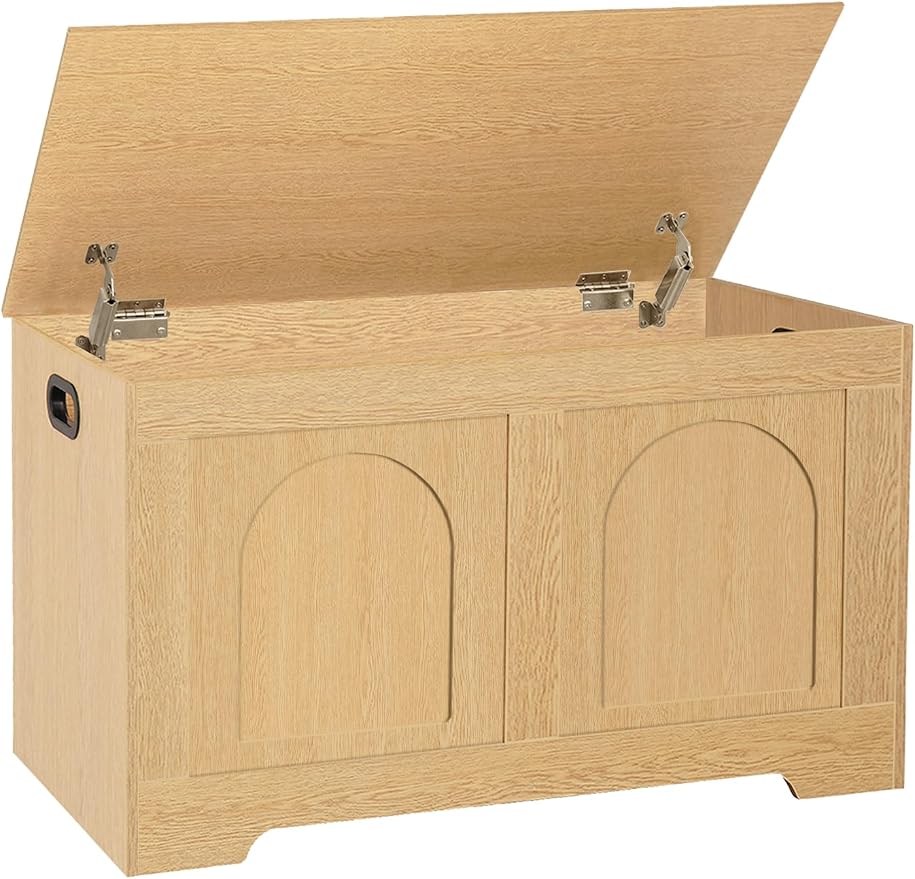 Storage Chest, Wooden Toy Box, Natural 31.5" L | Entryway Shoe Bench, 2 Soft-close Hinges, Finger-safe Flip-Top Lid, Easy Assembly, Farmhouse Large Trunk, Living Room/Bedroom