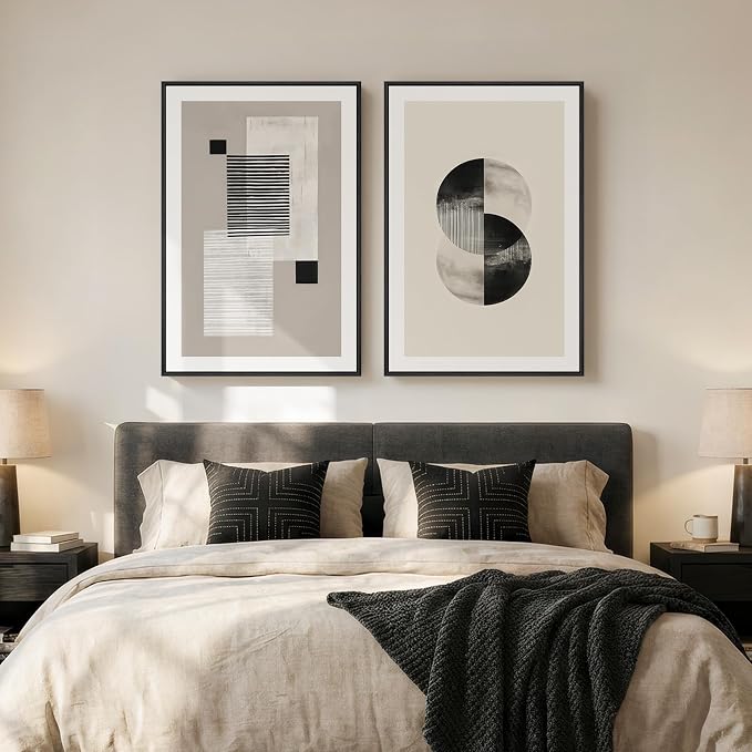 Large Framed Black and White Neutral Abstract Wall Art for Living Room, 2 Piece Modern Canvas Prints Artwork for Walls, Beige Minimalist Geometric Pictures for Bedroom Hallway Wall Decor 24x36 In