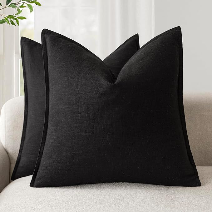 Foindtower Pack of 2, Decorative Linen Solid Throw Pillow Covers Soft Accent Cushion Case Boho Farmhouse Neutral Pillowcase for Chair Couch Sofa Bedroom Living Room Home Decor 26 x 26 Inch Black