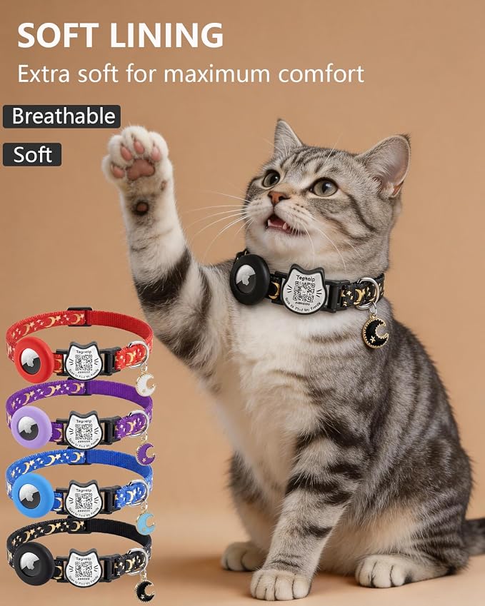 3 Pack Smart QR Code Cat Collars with Built-in AirTag Holder, Breakaway Adjustable Kitten Collars with Moon Pendant, Safety Pet ID Collars for Cats, 7.0–12.5”, Black Blue Pink