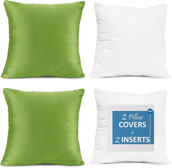Throw Pillow Inserts Pack of 2 with Velvet Soft Solid Decorative Square Throw Pillow Covers Set for Sofa Couch Car Bedroom, 18X18 Throw Pillows Inserts with 16x16 Washable Cushion Covers, Garden Green