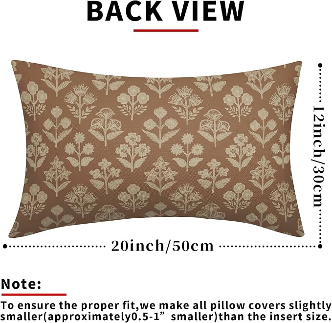 Brown Pillow Covers 12x20 Inch Set of 2, Cream Floral Block Print Pattern Lumbar Decorative Throw Pillowcases Outdoor Farmhouse Rectangle Cushion Covers Spring Summer Sofa Couch Bed Decor