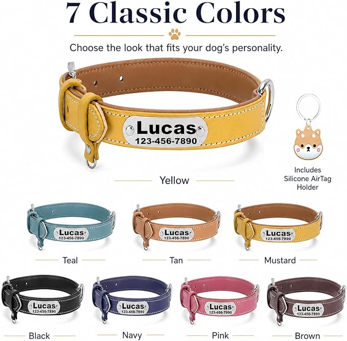 Personalized Genuine Leather Dog Collar with Name Phone Number-Yellow-L