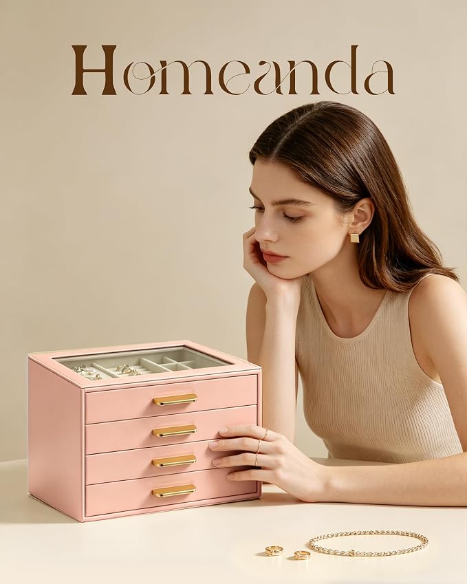 Homeanda Jewelry Boxes Organizer with Glass Lid, 4-Layer PU Leather, Pink | Modern style display case with 4 drawers for daily jewelry, women, mom or girl gift