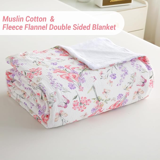 Viviland Cooling Muslin Blanket Queen Size for Bed Summer Gauze Blanket for Adults Breathable Lightweight Soft for Hot Sleepers Linen 90 x 90 Inches Pink Purple Flowers