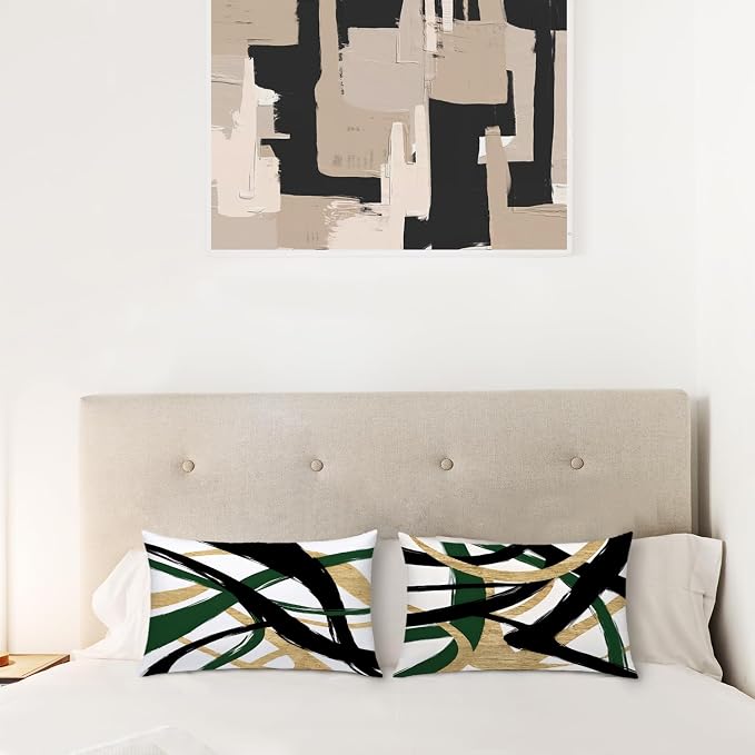 Black Gold and Green Pillow Covers, Abstract Black and Gold Pillow Covers 12x20 Set of 2, Modern Boho Decorative Throw Pillows Cover for Couch Bed Living Room