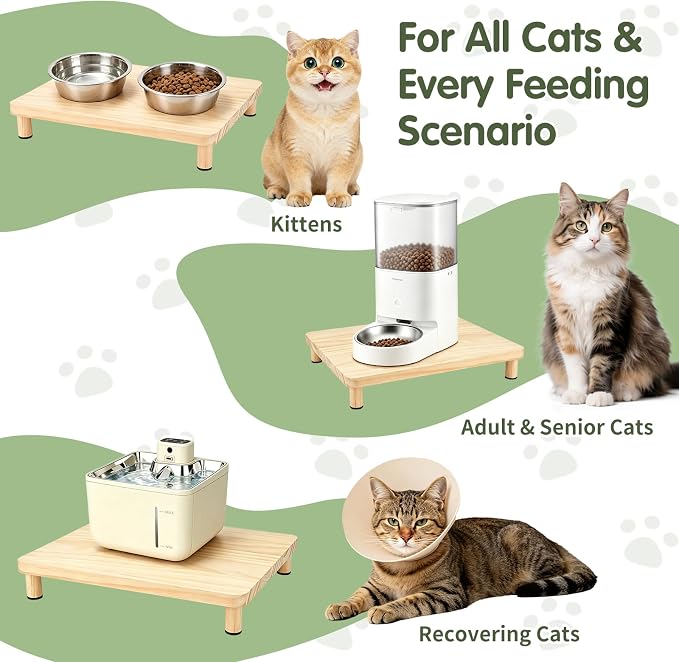 Extra Large Cat Food Stand, Wood Cat Feeder Stand 15.8 x 12.9 in | Cat Feeding Station, 2.56 in Raised Platform, Dual-Bowl Feeder & Water Dispenser Fit, Solid Wood, Tool-Free Assembly