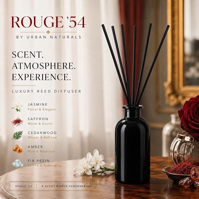 Urban Naturals Rouge '54 Reed Diffuser Set | Saffron, Jasmine, Amber and Woods | Aromatic Home Fragrance | Made in the USA