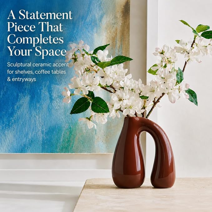 Brown Ceramic Vase for Pampas, Boho Shelf & Table Decor | Holds Dried Stems and Faux Florals - Sculptural Accent for Mantel, Console and Entryway