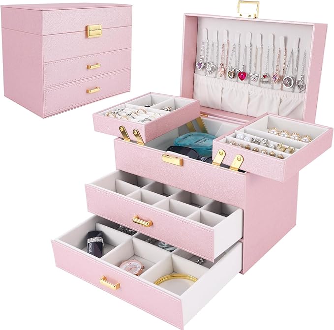 Jewelry Organizer Box, Large Jewelry Boxes for Girls, Space-Saving 4 Layers Jewelry Storage Case with Drawer, Gift for Women, Movable Metal Stand, Modern (Pink+ Gold)