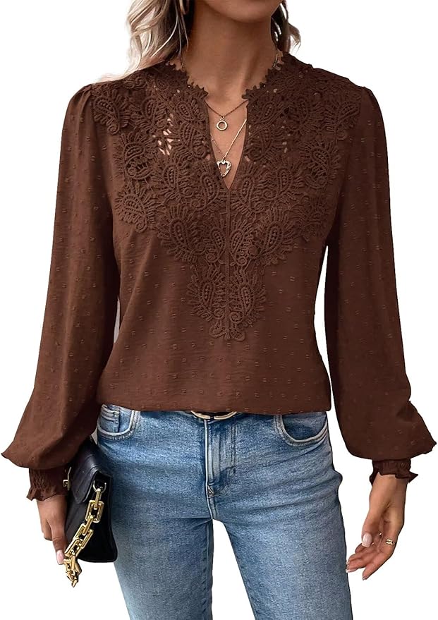 Womens Tops Swiss Dot Boho Long Sleeve Shirts V Neck Casual Chiffon Blouses Flowy Lace Hem Cute Clothing Trendy 2026