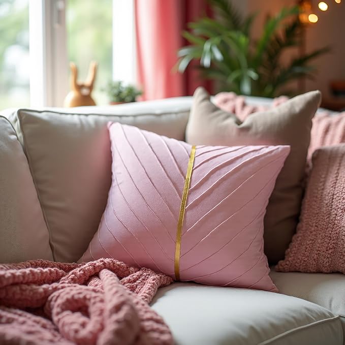 Velvet Throw Pillow Covers 18x18 Pack of 2 Gold Decor Blush Pink | Soft Solid Pillow Covers,Modern Luxury Home Decor,Valentine's Day Decor,Hidden Zipper,Ideal Gift,Easy Care