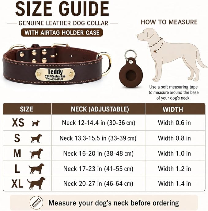 Personalized Genuine Leather Dog Collar with Name & Phone Number-Brown S