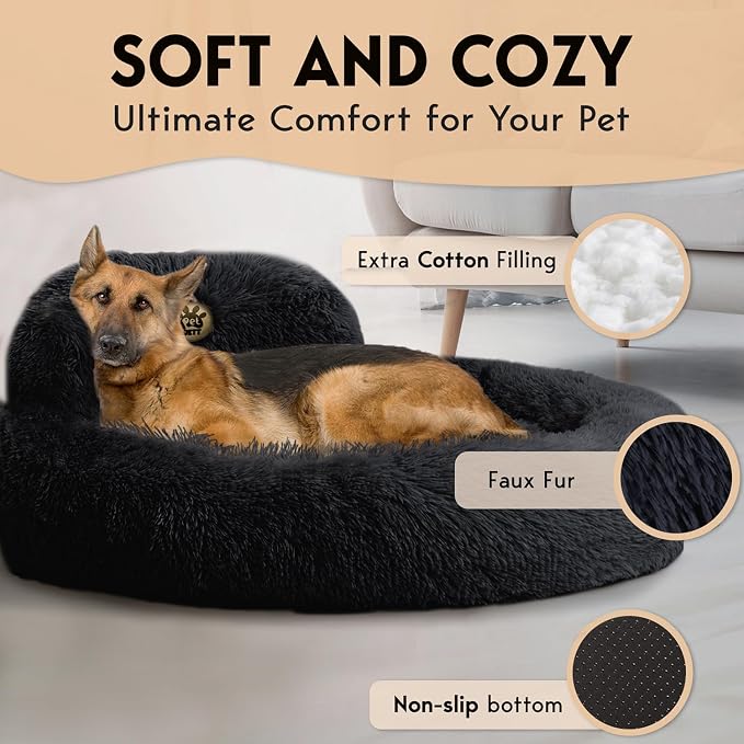 PetJett XL Dog Beds for Large Sized Dog - 45'' Extra Large Dog Bed, Anti-Slip & Washable Super Soft Round Donut Bed, Fluffy Faux Fur Anti-Anxiety Premium Comfort Pet Bed, Fits Dogs up to 120 lbs