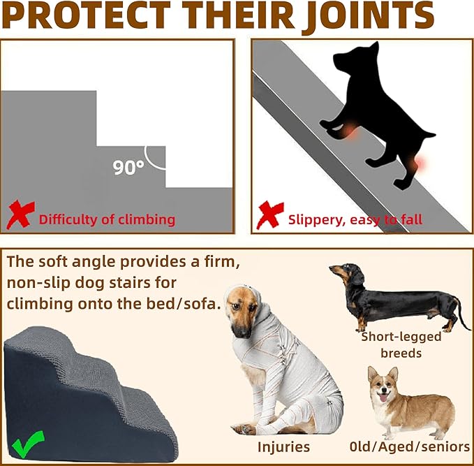 3-Step Pet Stairs for High Beds & Couches, Multi-Step Non-Slip Pet Steps with Balanced Ramp, Indoor 2/3/4/5 Steps for Small Large Cats & Pets, Anti-Slip Stickers Included, 33D Grey