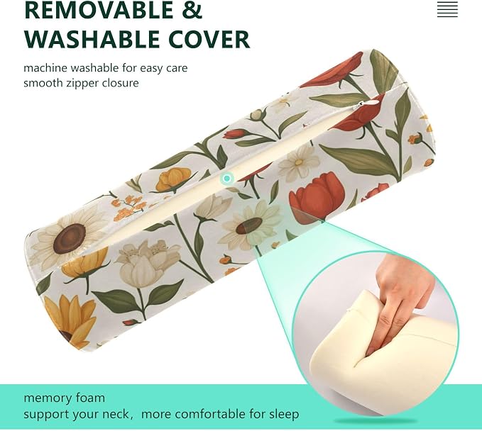 Sunflowers and Roses Beige Neck Roll Pillow Bolster Round Health Memory Foam Long Cervical Cylinder Pillows with Removable Washable Cover for Body Bed Legs Back Yoga