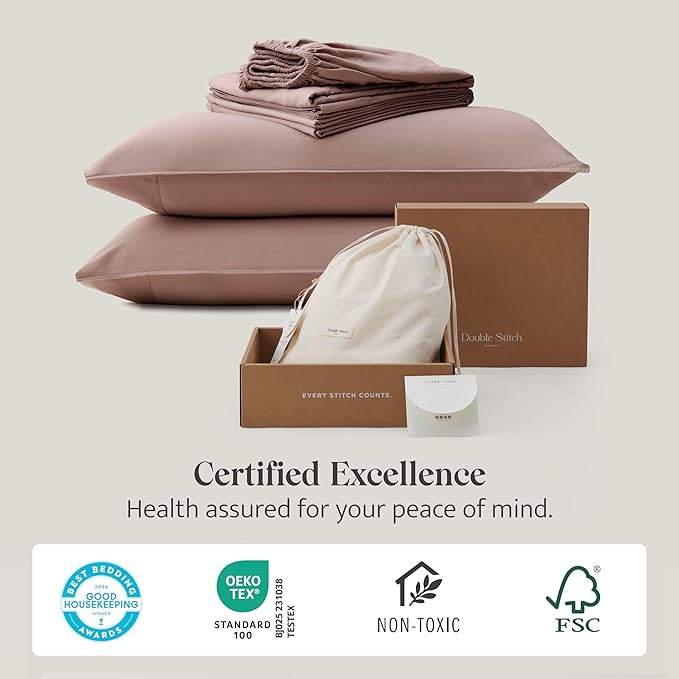 Double Stitch Cotton Tencel Sheet - Bed Sheets Set King Size, 4Pc Luxury Hotel Bedding Set, Soft, Cooling & Breathable for Hot Sleepers, Deep Pocket Up to 16 Inches, Dusty Mauve