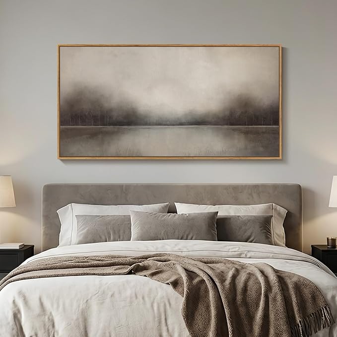 Large Framed Neutal Abstract Landscape Wall Art for Living Room, 60x30 In | Rustic lake paintings, Canvas prints, Wood frame, Horizontal nature pictures, Modern artwork, Wall decor for bedroom office