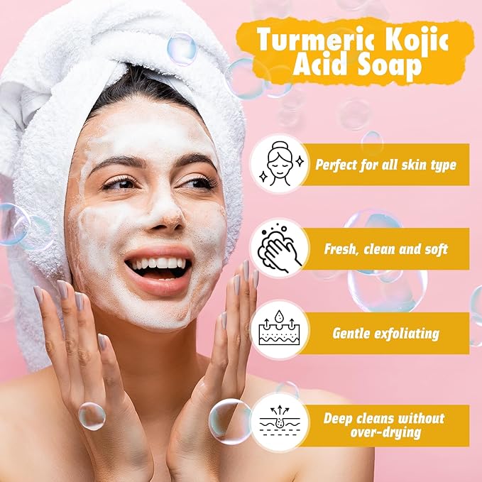 Kojic Soap Bar, Lemon Turmeric Soap Bar with Vitamin C for Dry Sensitive Skin, Turmeric Soap for Face, Body Hands 3 Bars