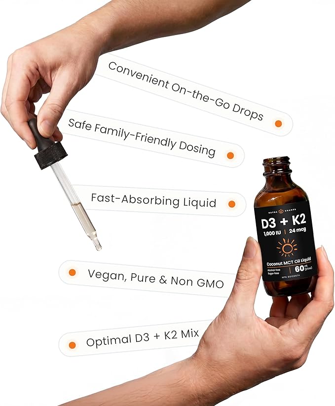 NutraChamps Vitamin D3 K2 Drops, Liquid Vitamin D3 5000 IU & K2 D3 with MK7, Vitamin D Drops for Kids, Bones, Heart & Immune Health, Liquid Vitamin D in MCT Oil for Better Absorption