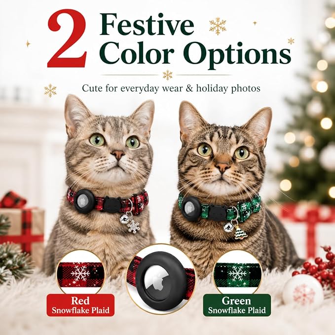 Cat Collar Breakaway 2packs, Reflective Kitten Collar with Apple Air Tag Holder and Bell for Girl Boy Cats, 0.4 Inches in Width and Lightweight (Red and Green)
