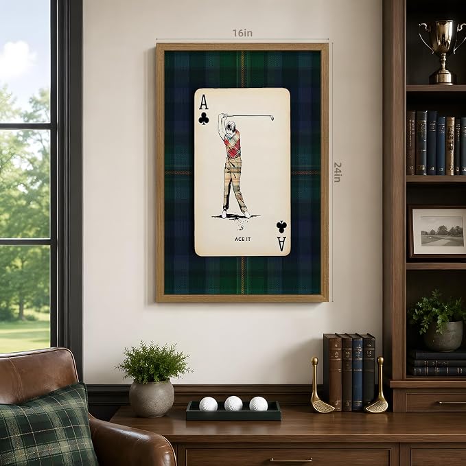 VziizV Vintage Golf Wall Art, Playing Card Golfer Wall Decor, Retro Plaid Sports Artwork, Rustic Farmhouse Golf Poster Print for Office Man Cave Game Room Living Room Wood Framed 16x24 Inch