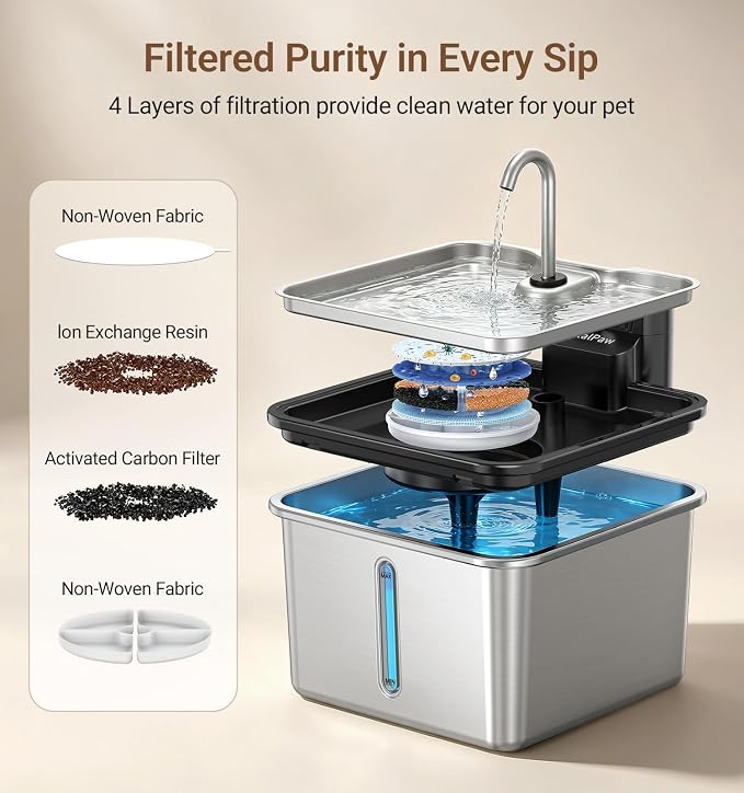 Wireless Cat Water Fountain, Water & Battery Separation, Faucet Design | PETALPAW Cat Fountain Stainless Steel, 4000mAh, 3.5L Cordless Pet Water Dispenser for Indoor Cats & Small Dogs, Silver
