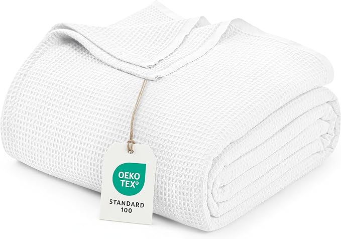 Utopia Bedding Cotton Blend White Waffle Blanket Queen - 90x90 Inches | Lightweight, Skin Friendly, Breathable, All Season, Luxury, Bed, Couch, Sofa