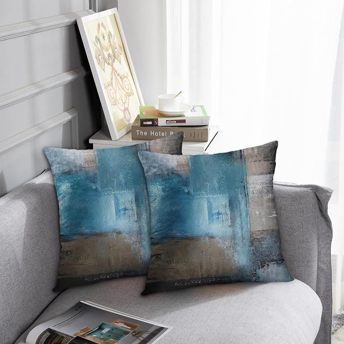 Throw Pillow Covers Set of 2, 16 x 16 Inch, Teal Grey | Abstract Modern Art Outdoor Decorative Square Pillow Cases Couch Cushion Case for Couch Bed Sofa Living Room Home Decor
