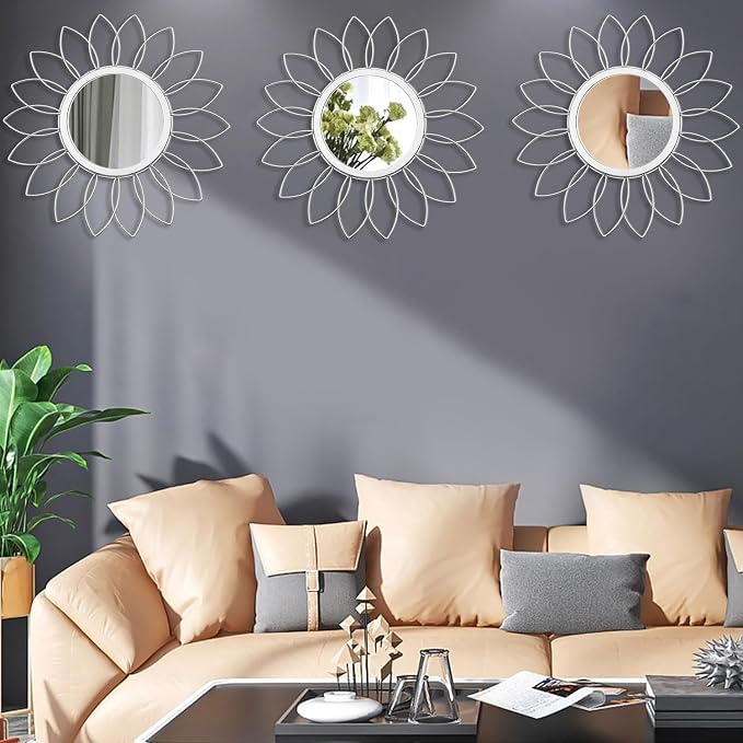 3 Pack Metal Mirrors for Wall Sunburst Wall Mirrors Home Décor Decorative Hanging Wall Art for Living Room Bedroom Entryway (Silver, Flowers)