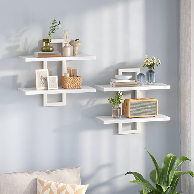HOOBRO Floating Shelves, 15 Inch Wall Shelf Set of 2, Wall Mounted Storage Shelves 2-Tier, Hanging Bathroom Shelves, for Living Room, Bedroom, Bathroom, Kitchen, White WW32BJ01