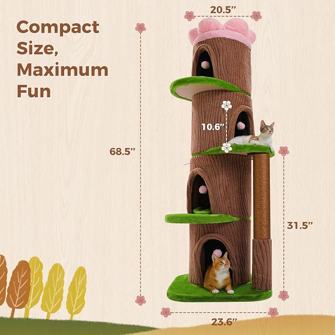 MUTTROS 68.5" Forest Cat Tree Tower with 4 Condos & Flower Top Bed, Brown | Tree-look design, 3.8in thick sisal post, 4 spacious condos, Flower top bed, Heavy duty build, Multi-cat homes