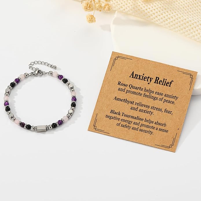 Natural Healing Crystal Bracelet for Women, Triple Protection Anxiety Relief New Beginnings Good Luck Empath Protection Jewelry Gift for Friends Daughter Mom 6.5+1.8 Inches