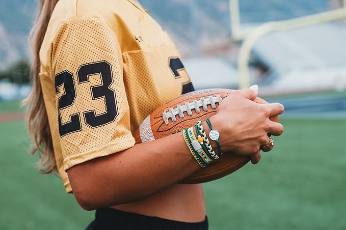 K'lani Game Day Hair Tie Bracelets – 5-Pack Stretchy No-Crease Hair Ties & Stylish Bracelets – Team Color Accessory for Hair or Wrist - Green & Yellow, Medium