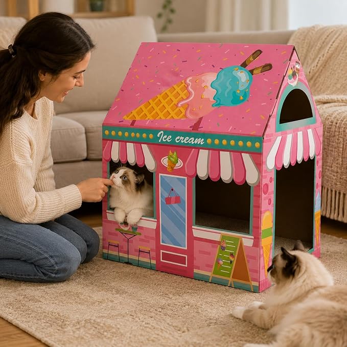 Cinrobiye Cardboard Cat House with Scratcher, Indoor Cat Condo Cat Cave Hideout with Scratch Pad, Cardboard Cat Playhouse Bed for Cats, Kittens, Rabbits & Small Pets (Ice Cream)