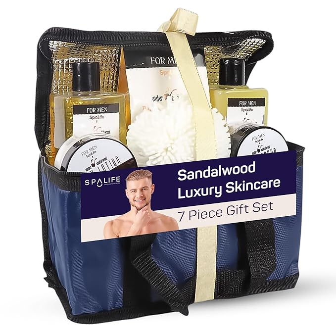 SpaLife Luxury Spa Skincare Sandalwood Gift Set for Men | Mens Body Wash Gifts | Mens Gift Set for Bath and Body | Christmas Gifts for Men | Cleansing, Moisturizing, Exfoliating | 7-Piece Bundle