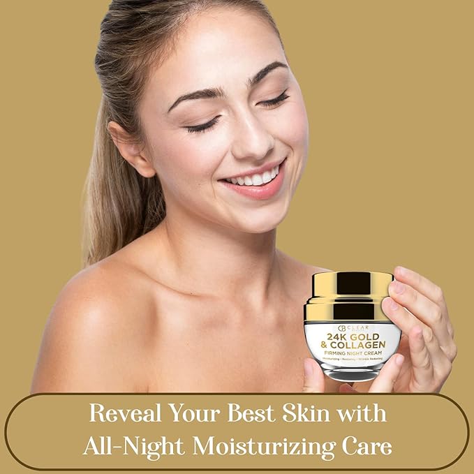 Clear Beauty 24K Gold & Collagen Night Face Moisturizer - Dermatologist Tested, Reduces Age Spots, Fine Lines & Wrinkles, Lifting & Firming Night Cream, Cruelty-Free Korean Skin Care - All Skin Types