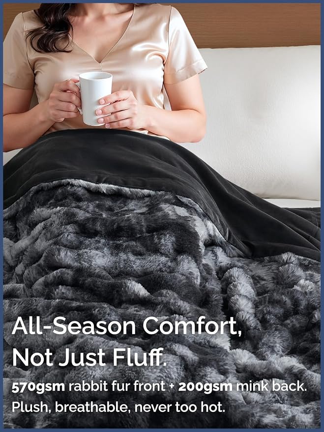 3D Fleece Bubble Blanket Twin - Rabbit Blanket - 60" x 80", Marble Black | Soft Fluffy Faux Fur Blanket for Couch Sofa & Chair, Cozy Gifts for Women, Tie Dye Cloud Throw Bed Cover, Thick Plush Bedding