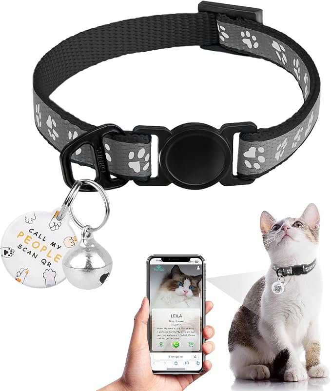 Breakaway Reflective Cat Collar with QR Name Tag & Bell (Black)